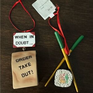 Sushi and Takeout Ornaments with Red Ribbon